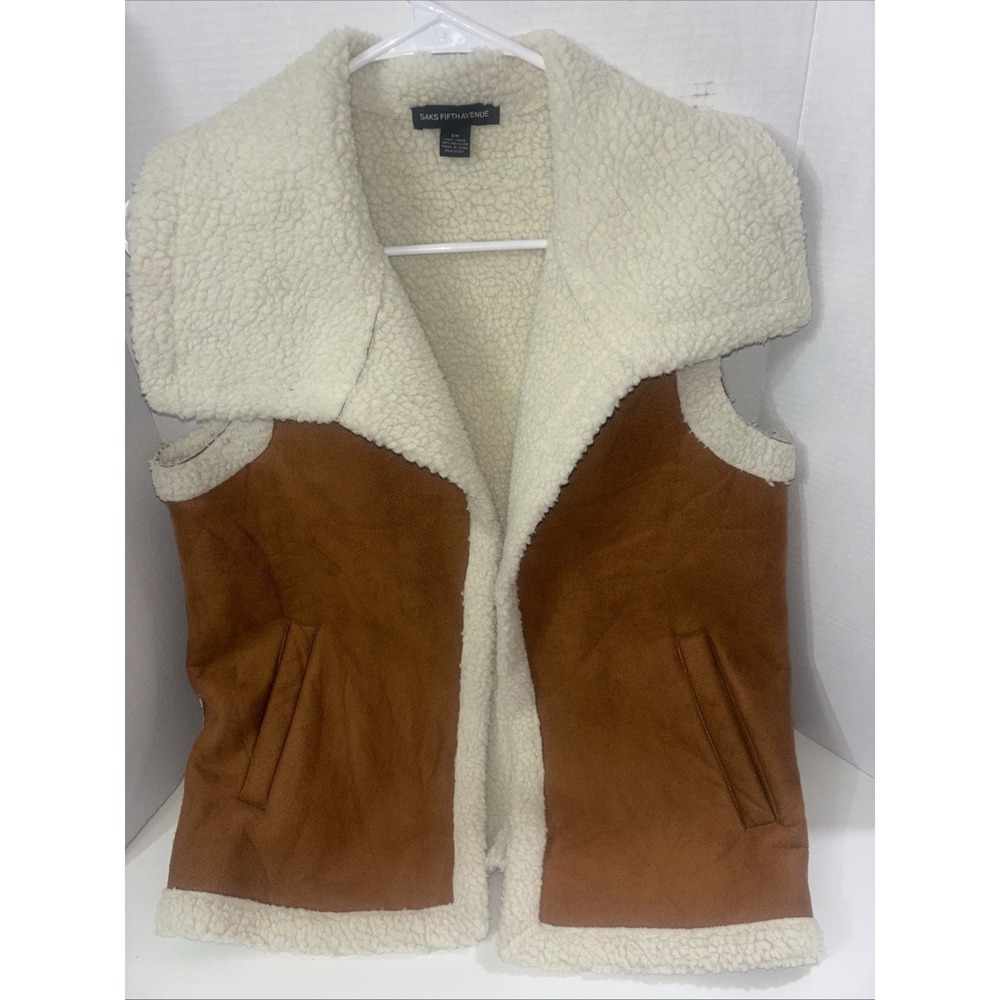 Saks Fifth Avenue Sherpa Lined Faux Suede Vest Womens S/M Brown Cozy